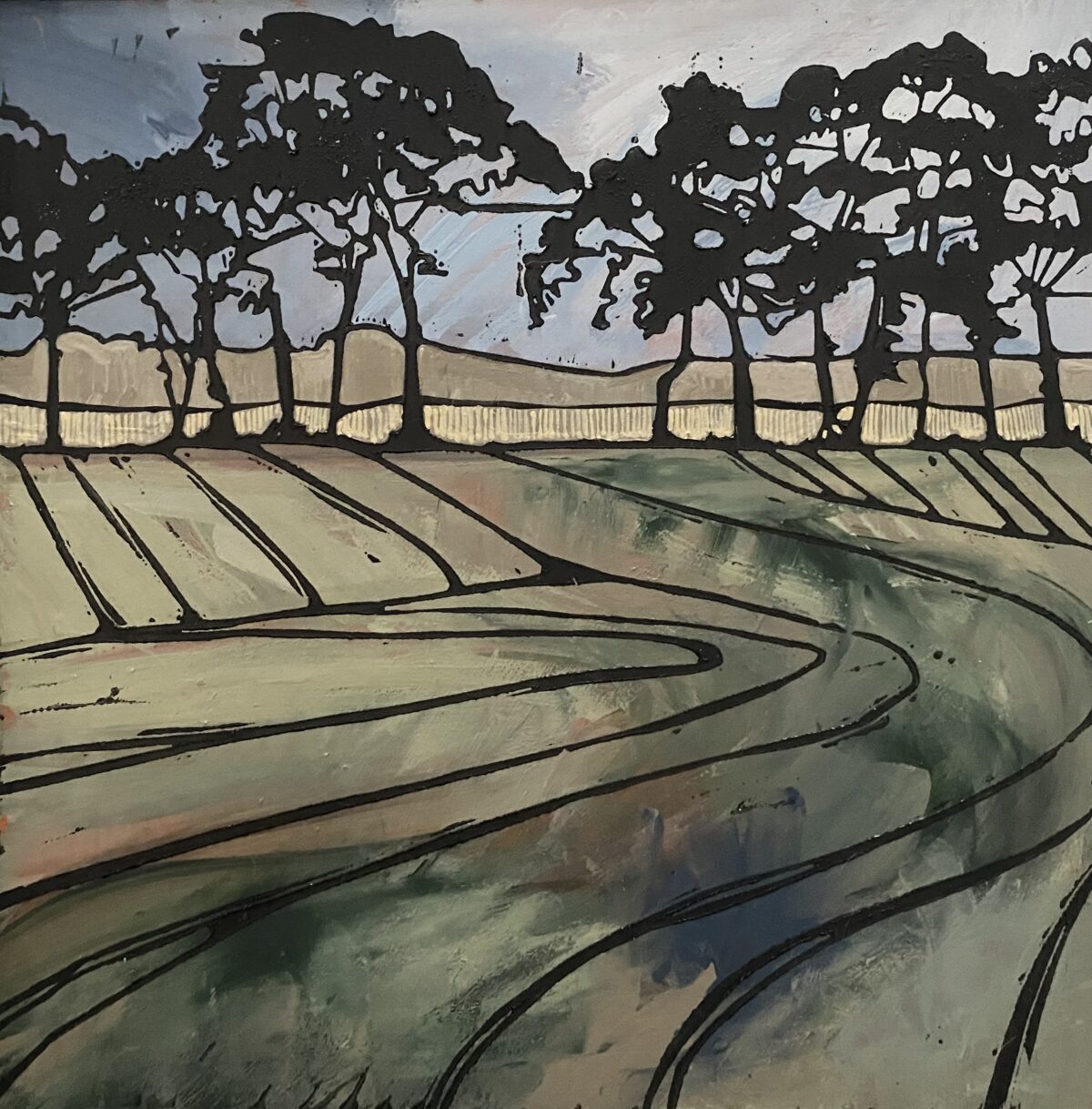 Silhouetted Pines and Tractor Tracks I