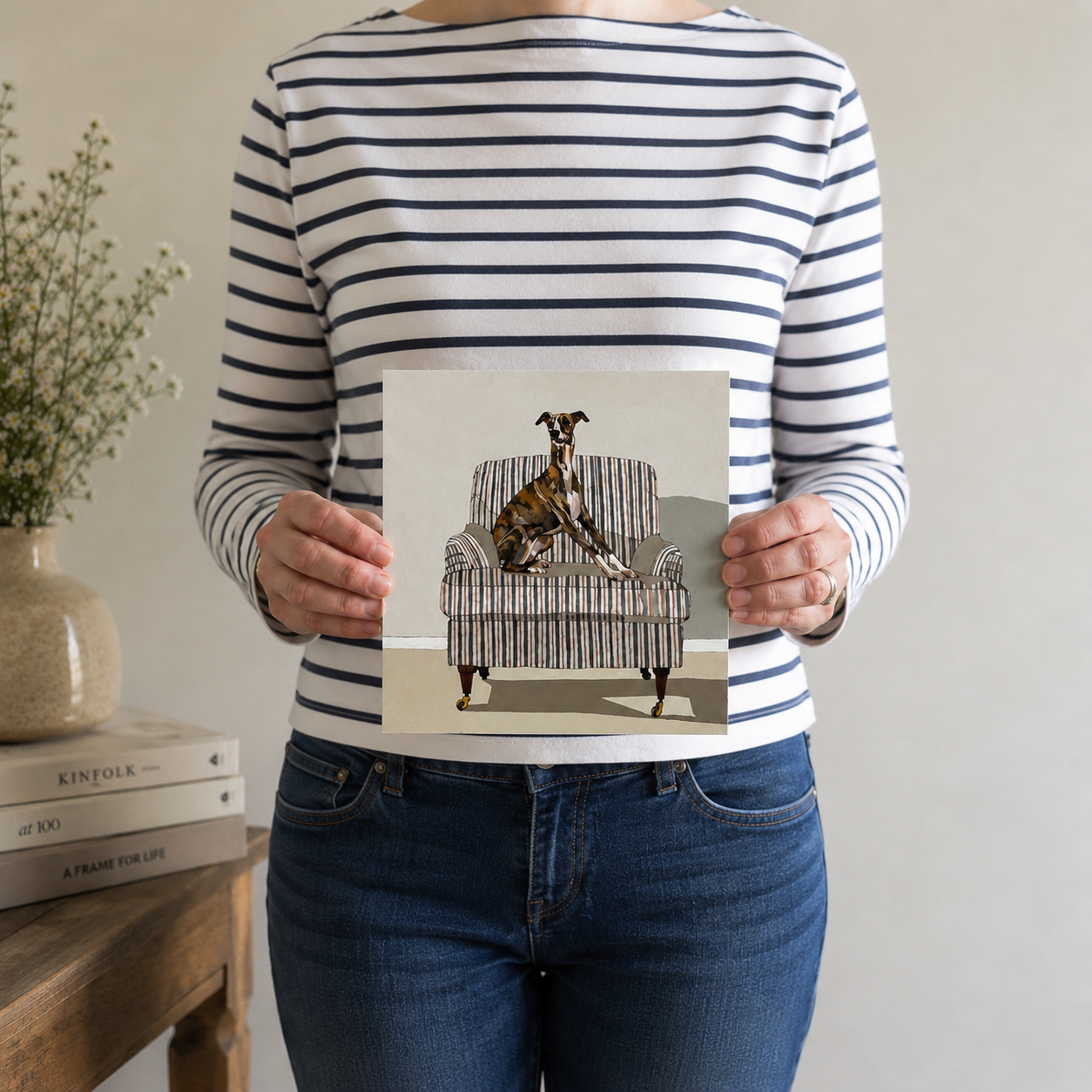 A Brindle Whippet on a Striped Chair - Image 2