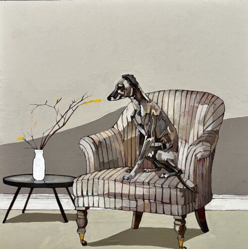 A Sighthound On A Striped Chair With Vase