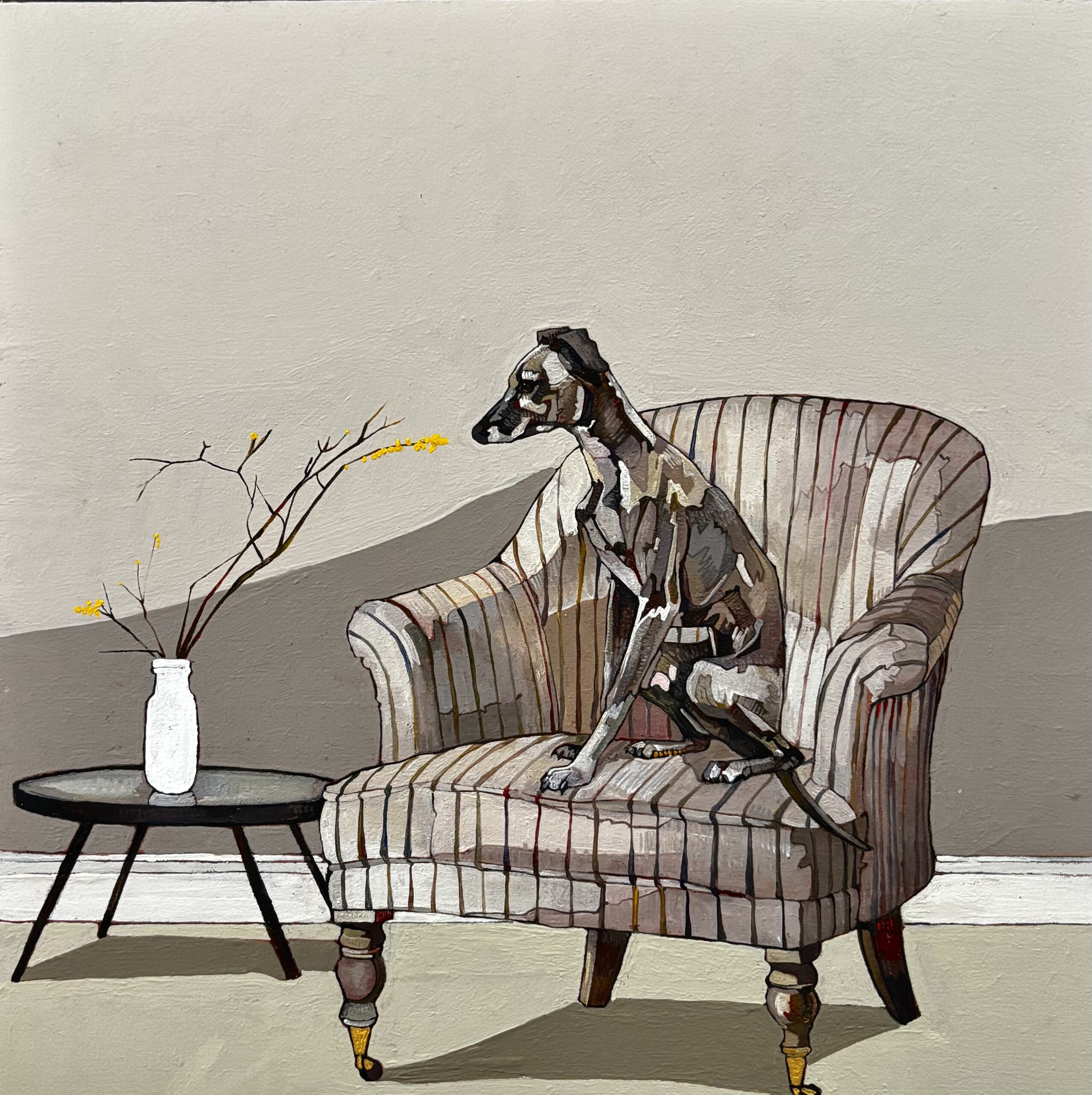 A Sighthound On A Striped Chair With Vase