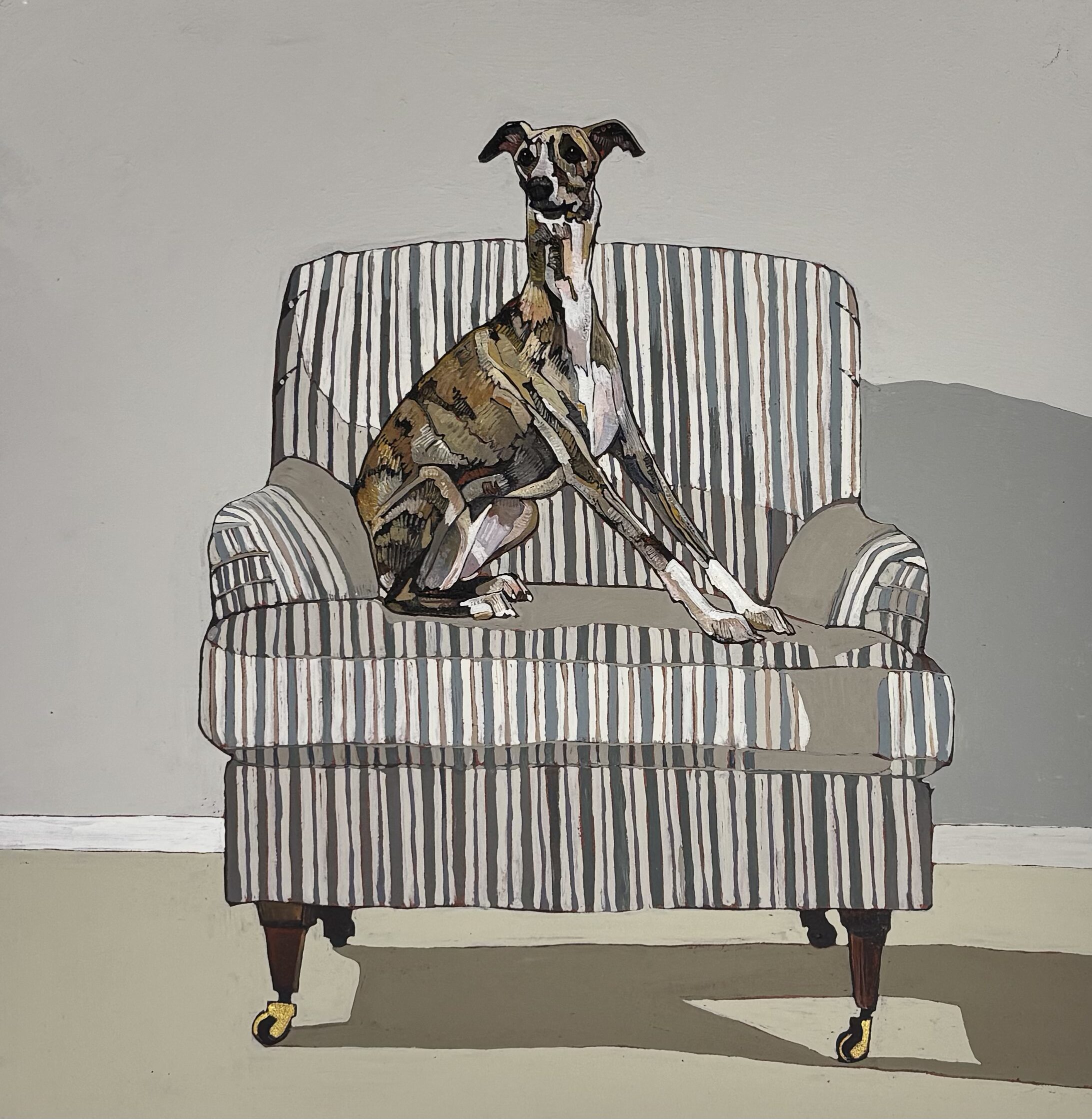 A Brindle Whippet on a Striped Chair