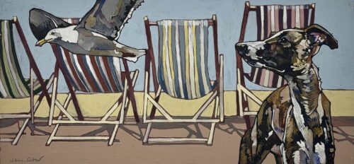 A Whippet with Gull and Deckchairs